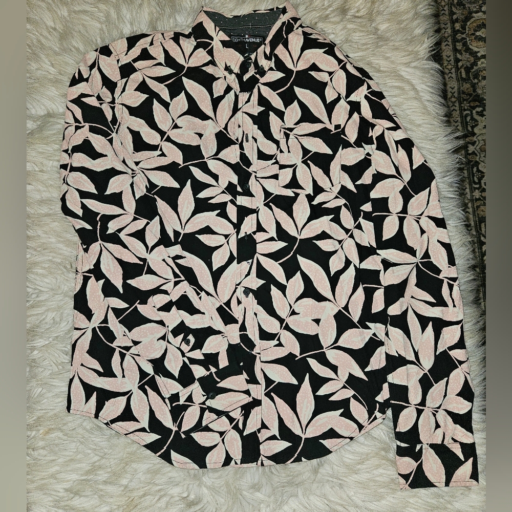 Eighth Avenue Men’s Black & Blush Leaf Print Button-Down Shirt | Large